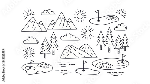Outlined landscape elements with golf courses and natural scenery illustrations