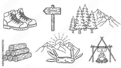 Outdoor adventure vector illustration set with hiking equipment and nature elements