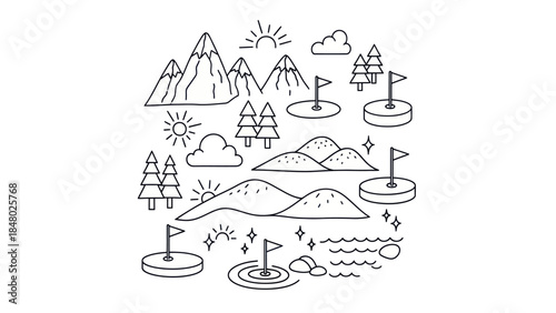 Outlined landscape scene with golf elements mountains and trees illustration