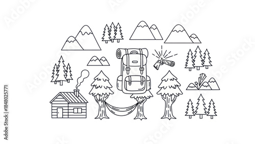 Outdoor adventure vector illustration with backpack trees and mountains