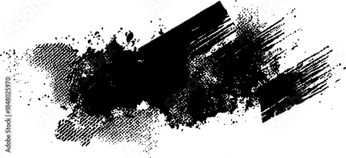 Black ink splatter and brushstroke design on white background with expressive grunge texture for artistic graphic design use