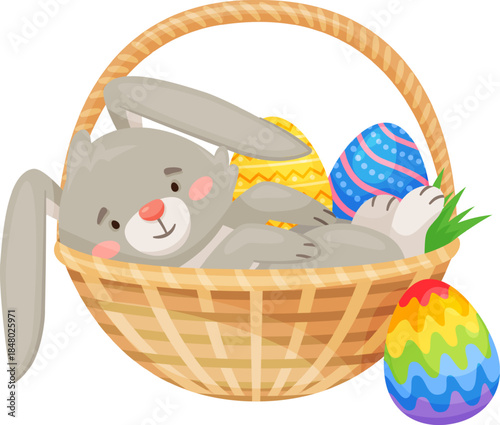 Cute Easter bunny resting in basket with colorful eggs