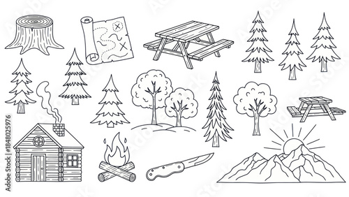 Outdoors adventure elements hand drawn illustration for nature and travel