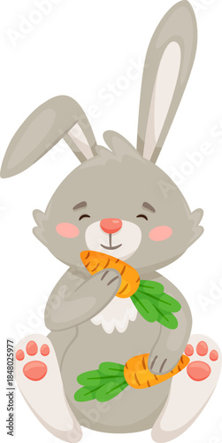 Happy cartoon rabbit enjoying two fresh carrots