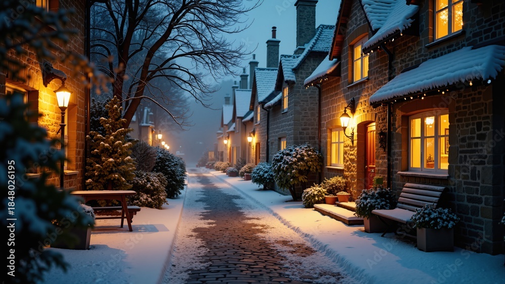Fototapeta premium Photorealistic / cozy lifestyle photo: `High-resolution photo-style image of an English village street at night, fresh snowfall, stone cottages with real glowing windows, frosty cobblestones, subtle b