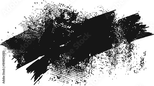 Black ink splatter and brushstroke design on white background with expressive grunge texture for artistic graphic design use