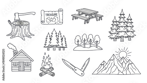 Outdoors adventure elements illustration set with camping nature and hike