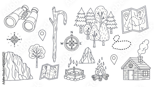 Outdoor adventure elements illustration compass map binoculars forest cabin