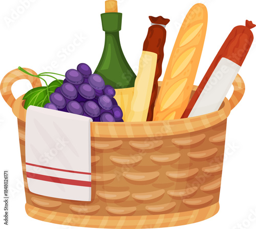 Picnic basket filling with various gourmet provisions