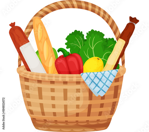 Picnic basket filled with fresh food and provisions