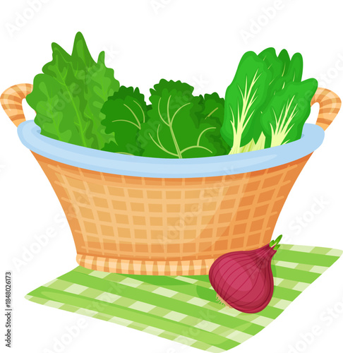 Basket filled with fresh green leafy vegetables and onion