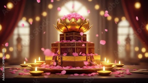 Indian diya lamp, holiday symbol. Golden lotus-shaped offering with pink petals, creating a serene and spiritual atmosphere.