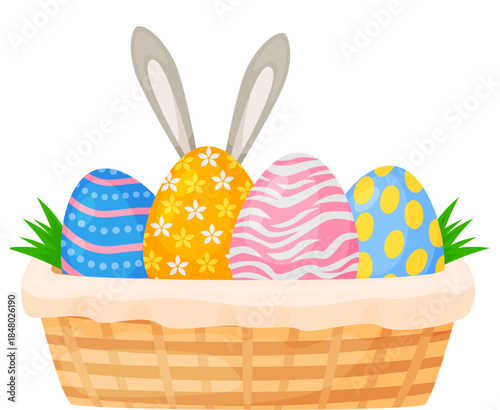 Easter basket with colorful eggs and bunny ears