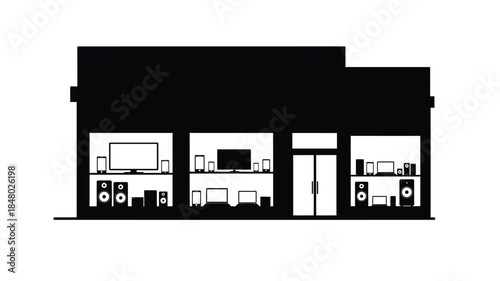 A simple black and white illustration of an electronics store with visible displays and speakers