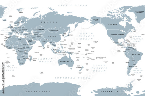Pacific centered world map. Gray political map, placing Pacific Ocean at the center, showcasing Asia, Oceania, and the Americas around it, emphasizing the Pacific Rim. Cylindrical projection.  Vector