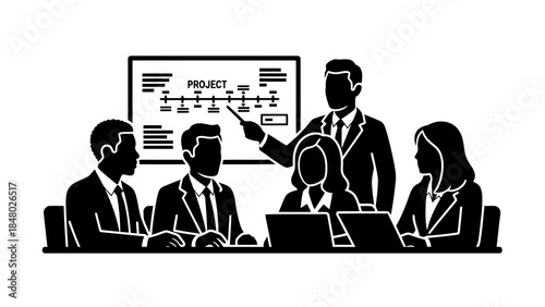 Business team meeting discussing project timeline on a whiteboard