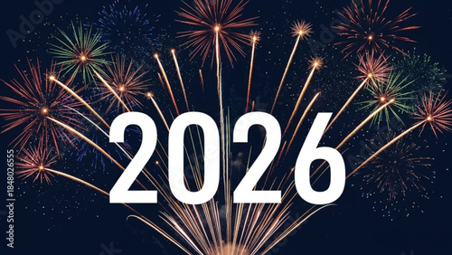 Happy New Year 2026 with colorful fireworks celebrating the future with bright explosions festive ba