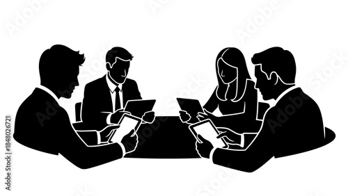 Business professionals collaborating around a table with tablets