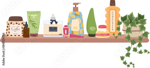 Natural cosmetic and beauty products on wooden shelf