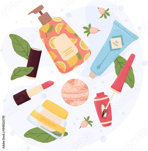 Cosmetics and skincare products floating with natural ingredients