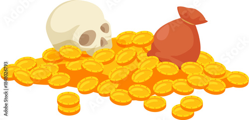 Pirate treasure with skull and gold money bag