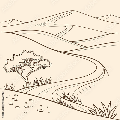 Winding path through hills