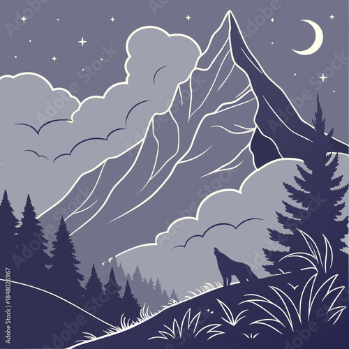 Wolf howling under moonlit mountain