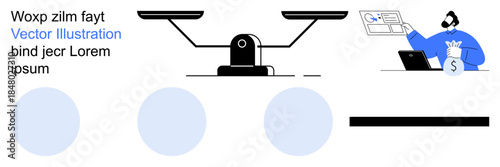Financial management, digital transactions, money saving, scale balance, online payment, budgeting. A balance scale with a businessperson managing finances. Financial management and digital