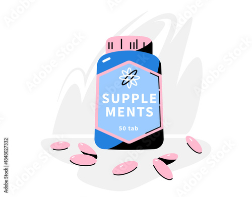 Supplement bottle and pills vector illustration. Modern vitamin jar with a stylized label and pink oval pills scattered around. Concept for dietary, sport nutrition, fitness, pharmacy, health care