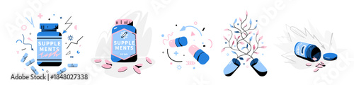 Supplements concept vector illustration set. Energy capsules, nutrition bottle, herbal organic medicine, spilled pills. Concept for health, vitamins, fitness and modern pharmacy design.