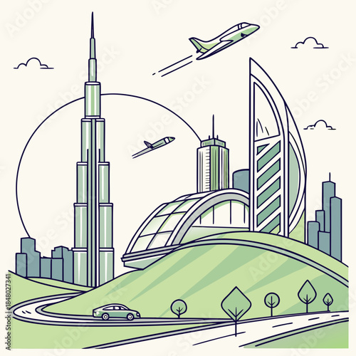 Modern cityscape with iconic buildings