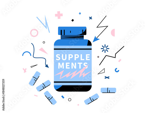 Supplement bottle, capsules vector illustration. Blue supplement jar with label and blue pills surrounded by dynamic, lightning shapes. Concept for vitamins, sport nutrition, energy, health, fitness.