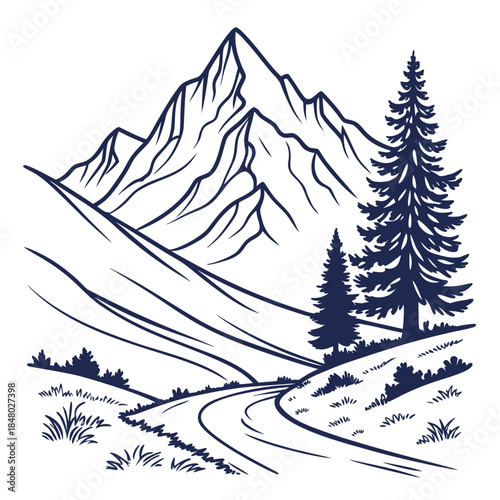 Mountain trail with pine trees