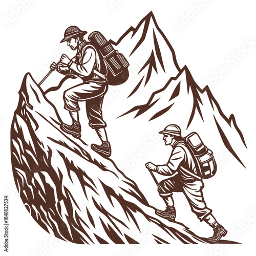 Mountain climbers ascending steep terrain