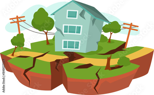 House cracking and ground splitting from severe earthquake impact