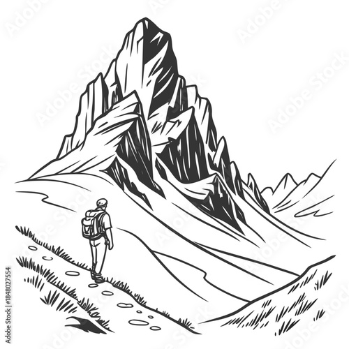 Hiker approaching majestic mountain
