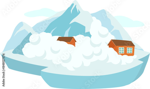 Avalanche natural disaster impacting houses near mountains