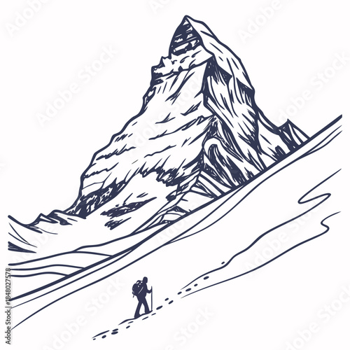 Solo hiker approaching majestic mountain