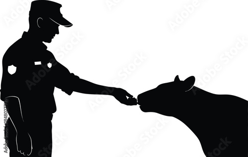 Silhouette of a man feeding a horse on transparent background