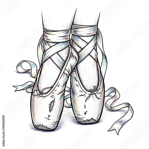 Worn ballet shoes with ribbons on dancer's feet in elegant pose