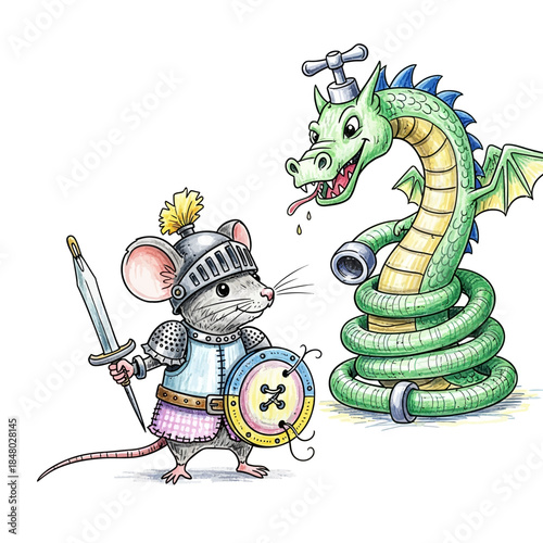 Brave little mouse knight faces giant green dragon in epic battle scene