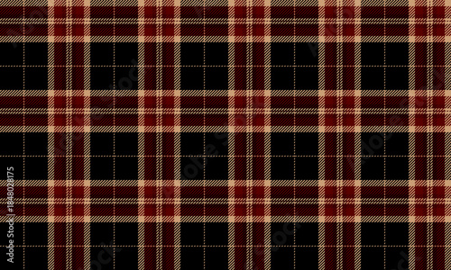 Seamless plaid fabric in black, dark red, and beige offers a classic, sophisticated feel for clothing designs, skirts, trousers, and shirts, adding timeless fashion appeal.