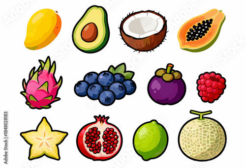 Tropical and Exotic Fruit Ingredient Icon Set Vector Illustration