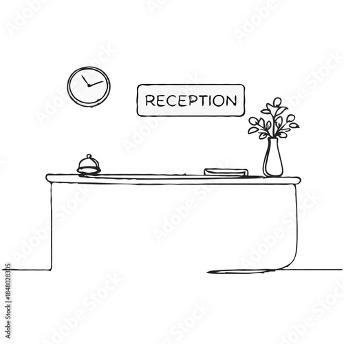Line art of a hotel reception desk with clock and flowers on isolated background
