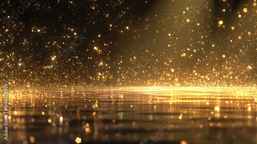 Golden Glitter Cascade Shimmering Particles on Reflective Surface.