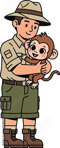 Cartoon explorer embracing a monkey ideal for illustrations on transparent background