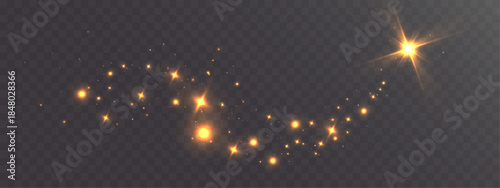 Golden sparkling stars and glowing particles forming magical light trail with bright flare on transparent background.