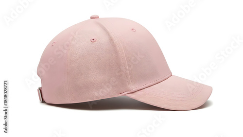Side view of a blank pastel pink suede texture baseball cap isolated on white background.
