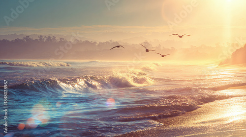 A picturesque coastal view with soaring birds and sunlit waves, invoking a sense of serenity.