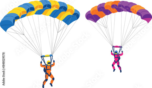 Paragliding and Skydiving Illustration Set Showing Two Parachutists with Colorful Canopies Representing Extreme Sports, Adventure Travel, Outdoor Recreation, and Freedom Concepts